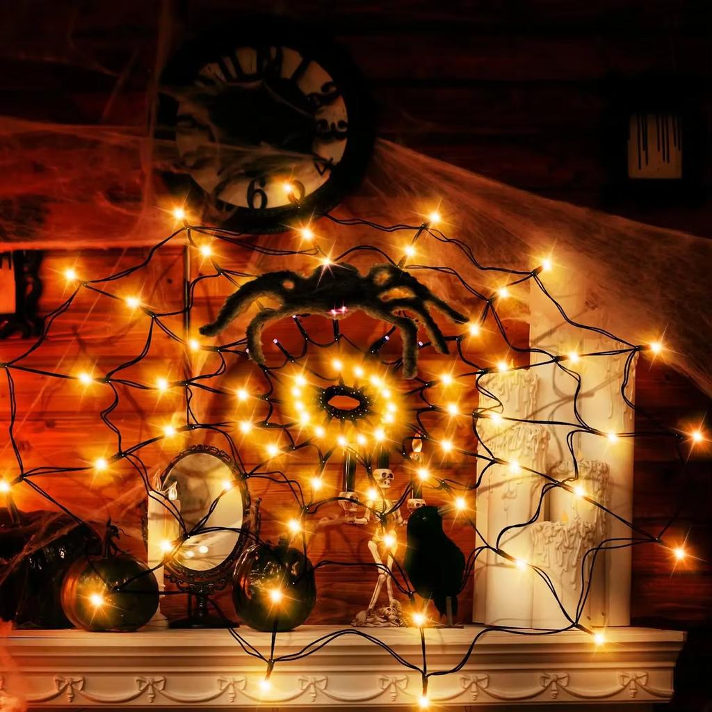 Halloween LED Spider Web Light Purple Orange Decorative String Lamp with 8 Mode Waterproof Indoor Outdoor Atmosphere Party Decor
