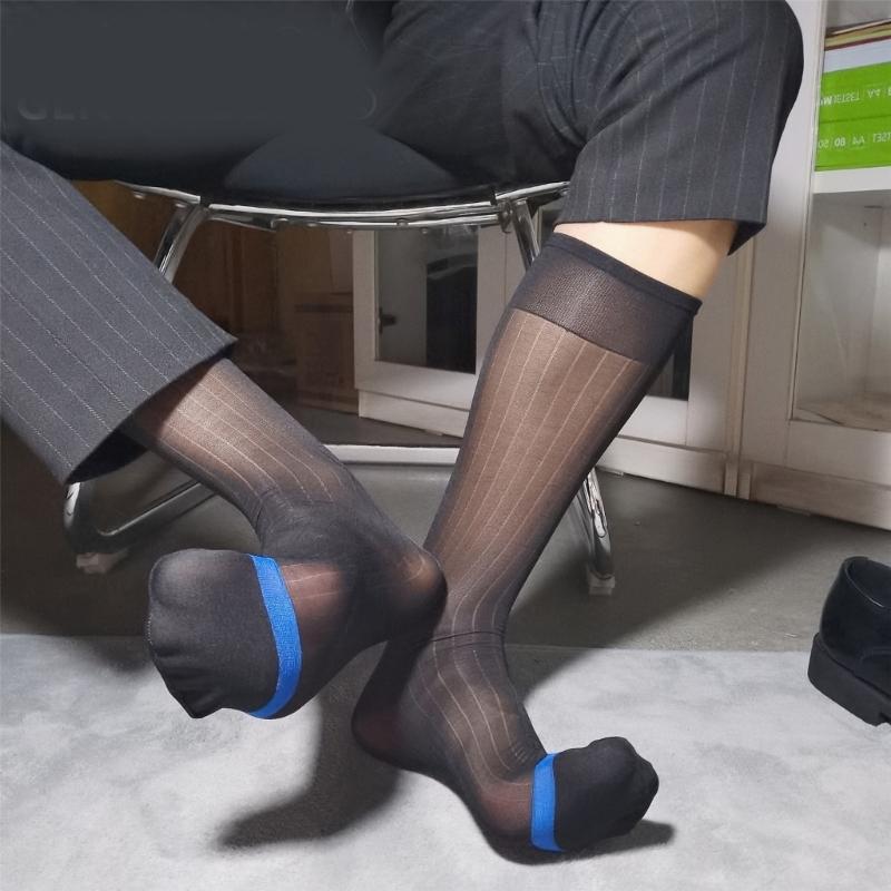 Mens Thin Sheer Dress Socks Nylon Breathable Business Over Calf Striped Stockings