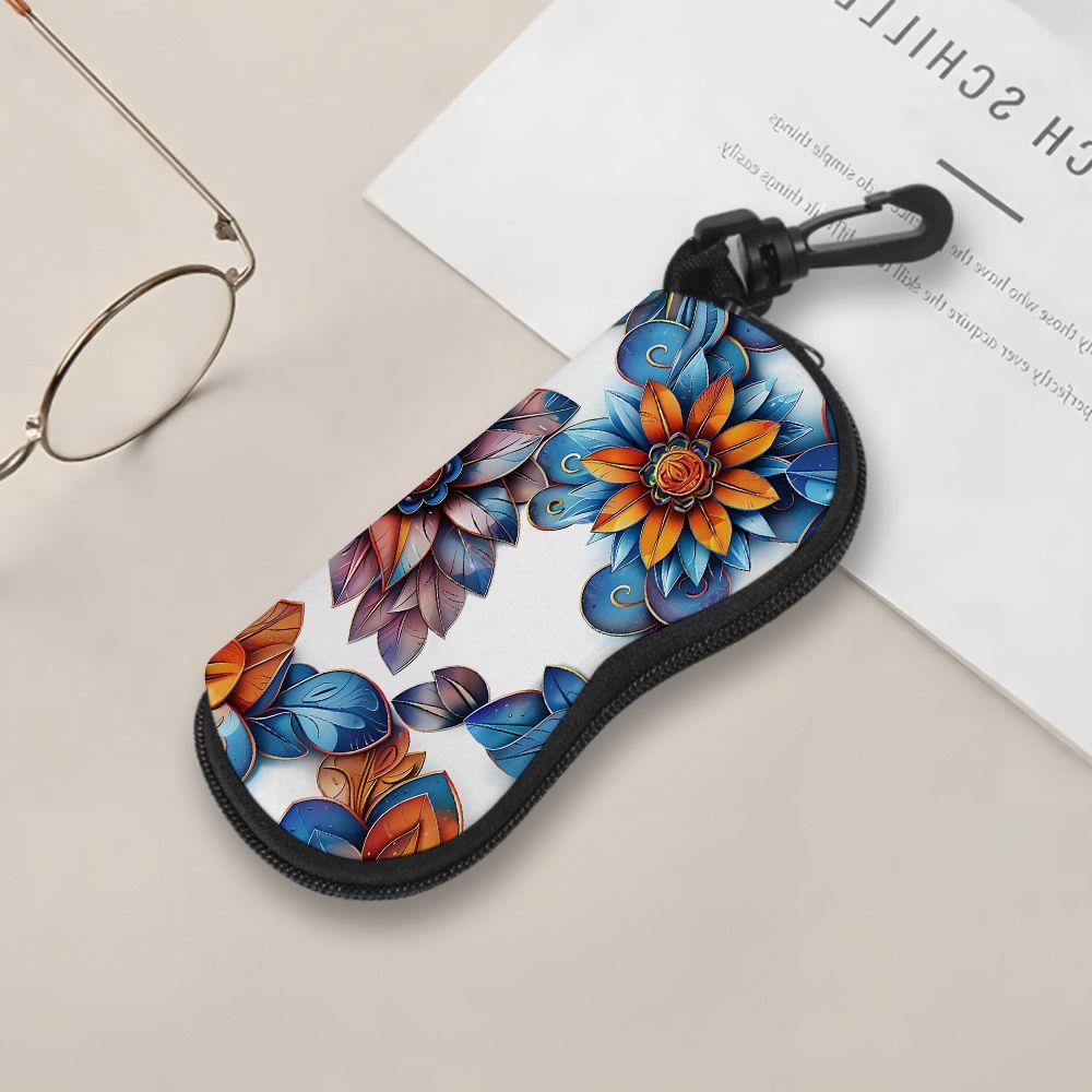 2D-Bohemian Floral Pattern Zipper Sunglasses Case, Stylish Botanical Print Eyewear Protective Holder, Durable Portable Spectacle Organizer for Women