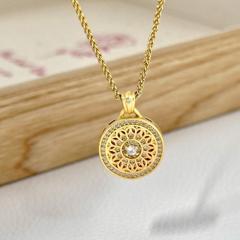 Handcrafted Filigree Hollow Pendant Necklace With Eight Treasure Compass Motif Vintage Gold-Tone Alloy Jewelry Women