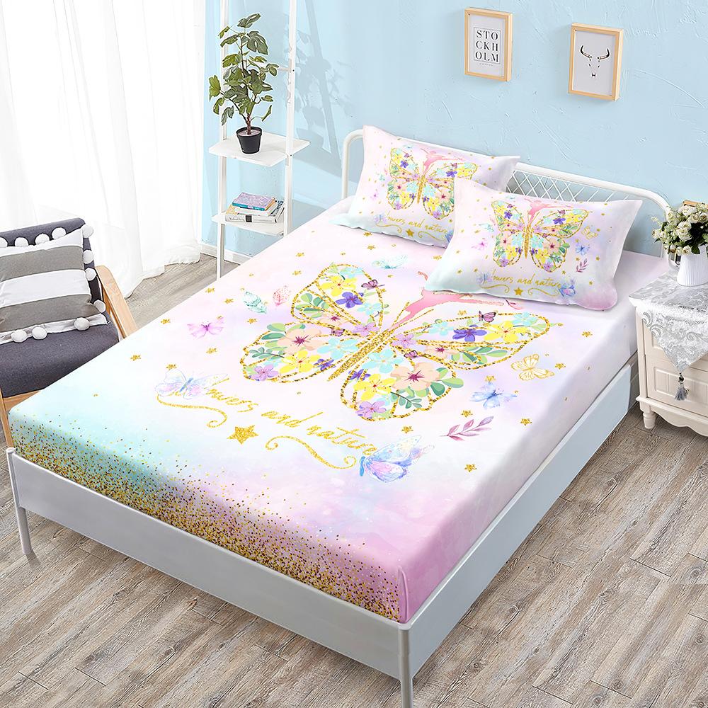 Butterfly Flower Kit, Bed Hat Three-Piece Set, Bed Cover, Pillowcase, Mattress Protective Cover.