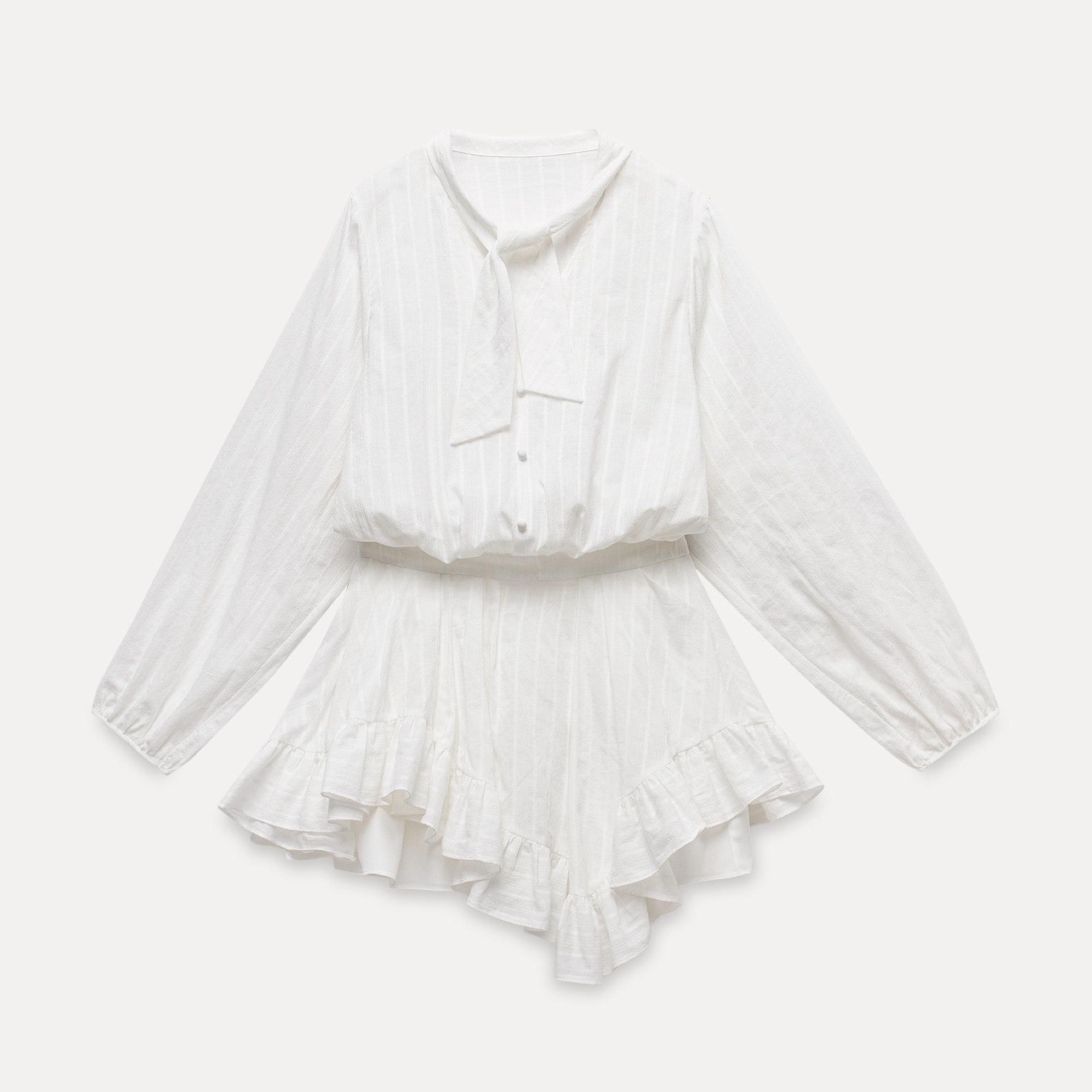 EGGKA White Textured Long-Sleeved Dress with Elegant French Tie Design M