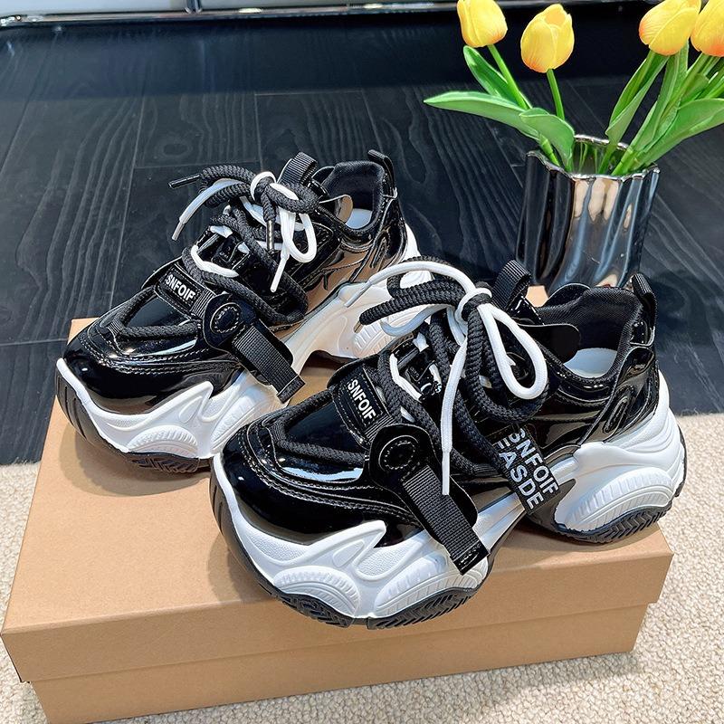 New Internet Celebrity New Letter Medium Heel Platform Rubber Sole Lace-up Casual Waterproof Non-slip Dad Shoes Fashion