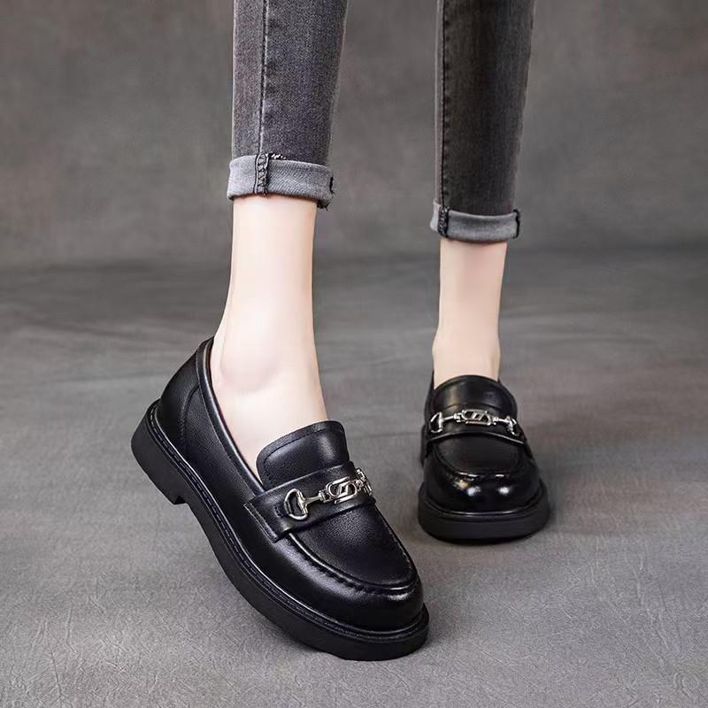 Leather retro one-pedal lazy shoes women's thick heel single shoes new small leather shoes flat bottom