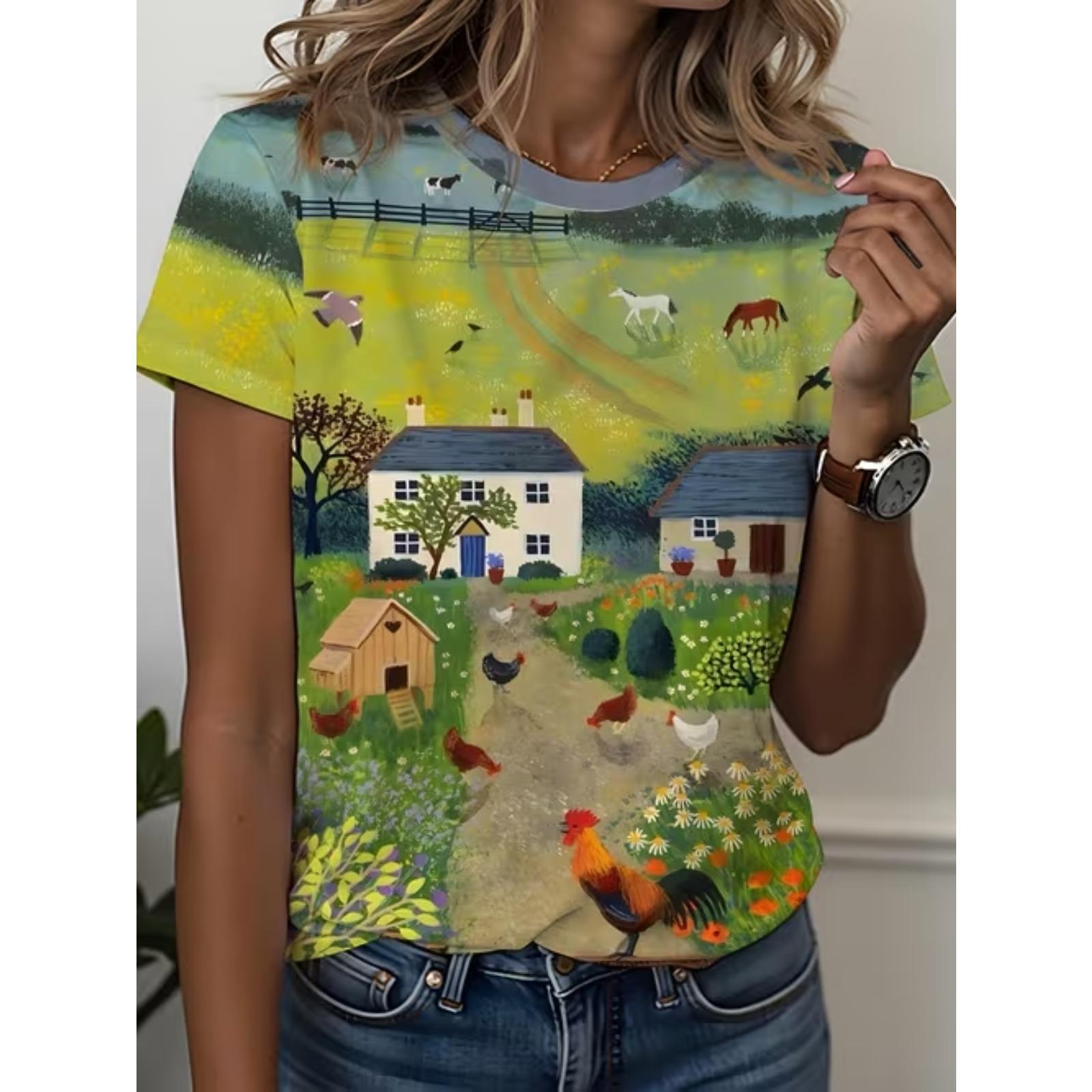 

Fashion Women House Character Print T Shirt Funny Casual O-neck Short Sleeves T-shirt Summer Female Tee Shirt 8XL колір зеленого яблука