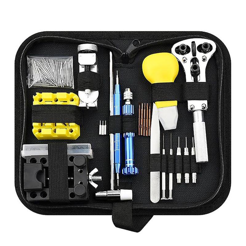 Watch Repair & Maintenance Tool Set with Disassembly Tools, Battery Replacement, and Cloth Bag.