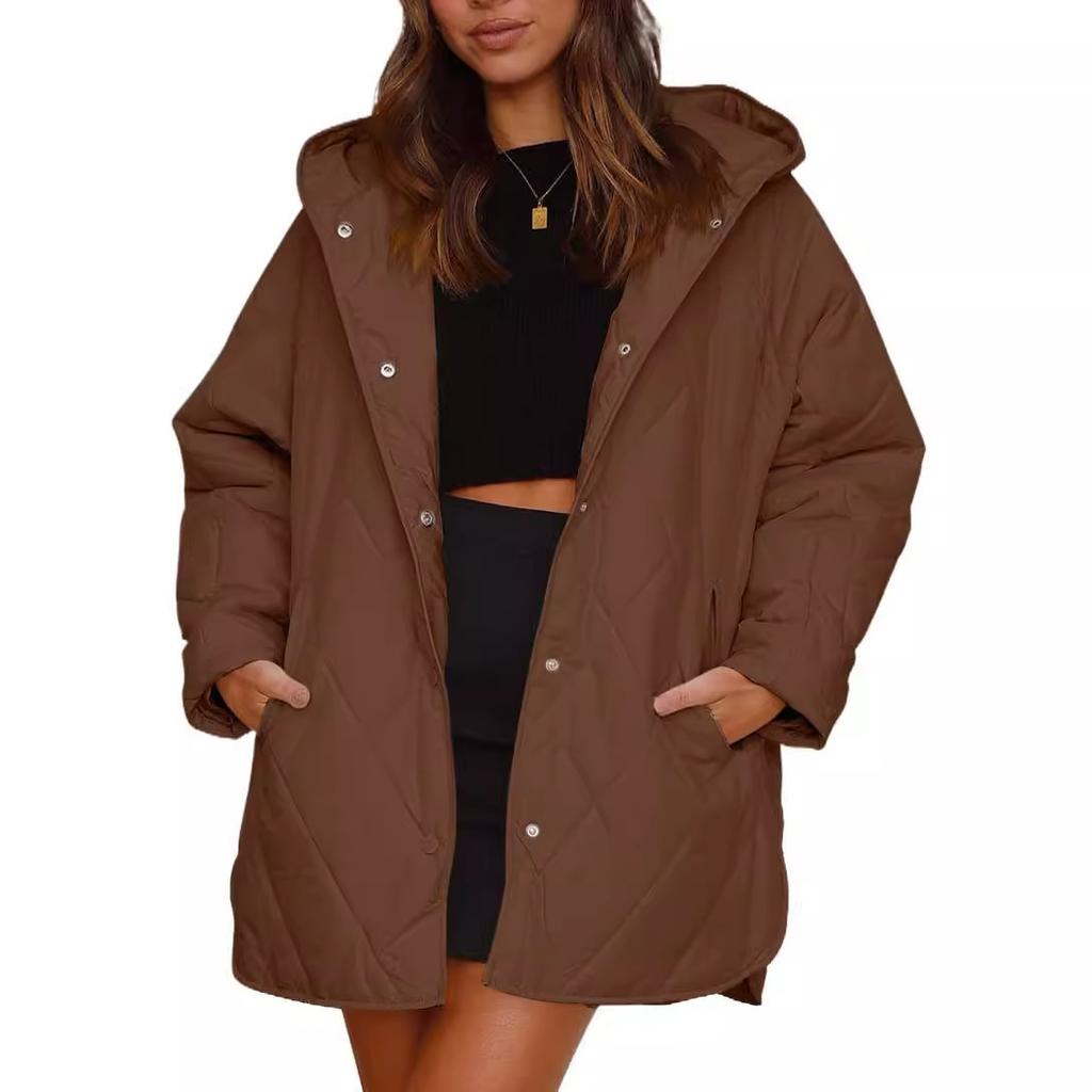 Women's Khaki Long Hooded Puffer Coat with Multi-Color Options