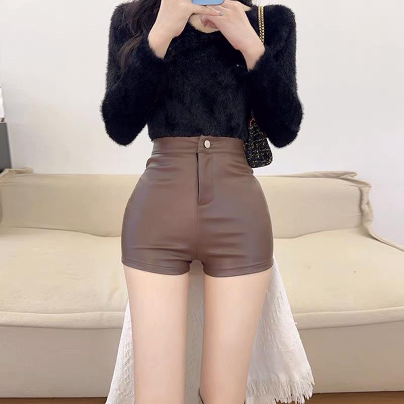 Women's Fall Winter Y2K Matching Shorts Black PU Leather Slimming Base Outer Wear A-Line High Waisted Hot Pants Mini Shorts
