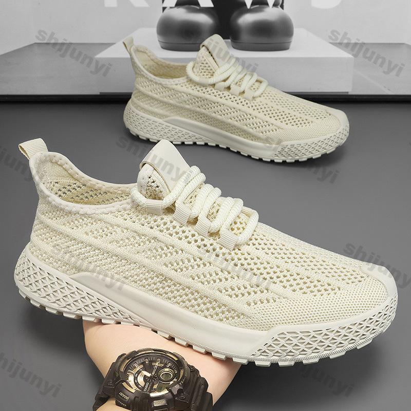 Men White Sneakers Summer Breathable Fly Weave Mesh Sports Running Shoes Lightweight Comfortable Fashion Cross Tied Casual Shoes