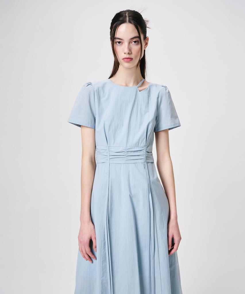 Etmont Neck Cut-Out Shirring Dress, Sky Blue