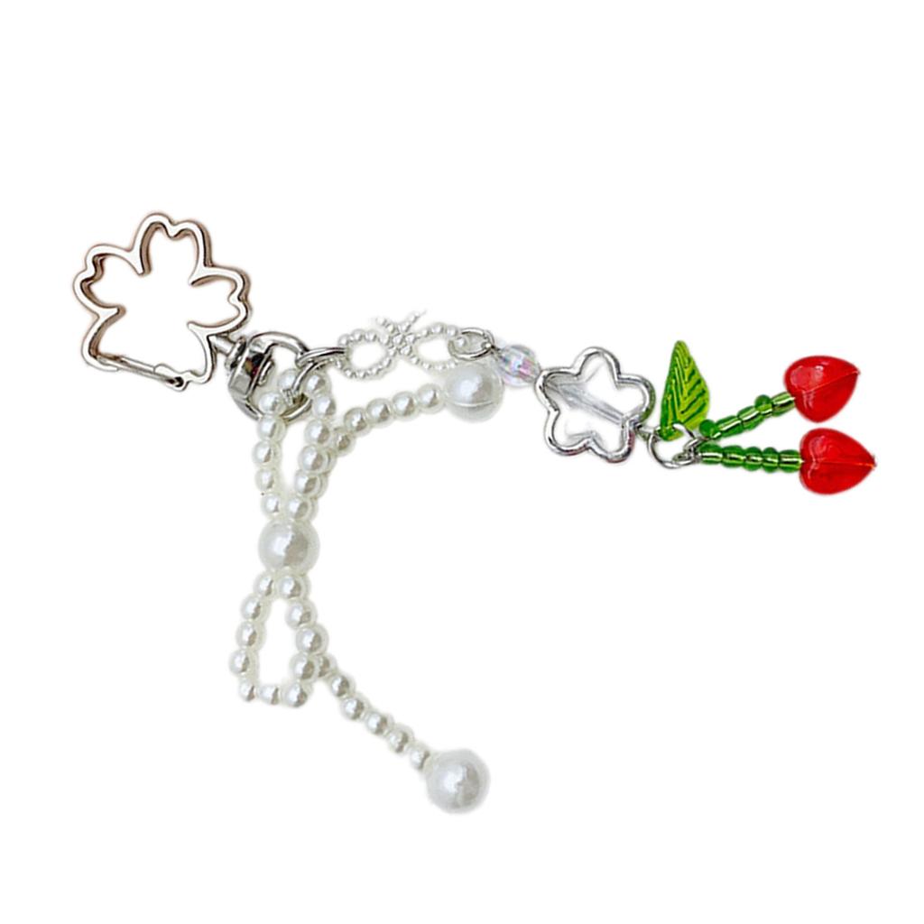 Fashion Pearl Bowknot Keychain Pendant Sweet Cute Cherry Keyring Hanging Decorations for Purse Bag Backpack Handbag