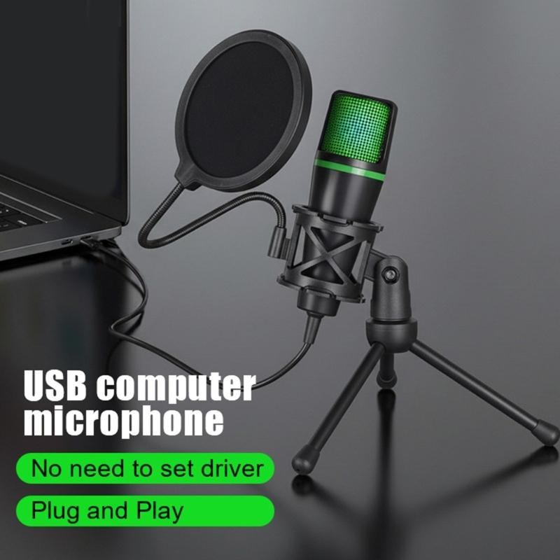 Portable USB RGBs Computer Microphones with Gains Control and Shock Absorption for Travel Bloggers Gamers and Streamers