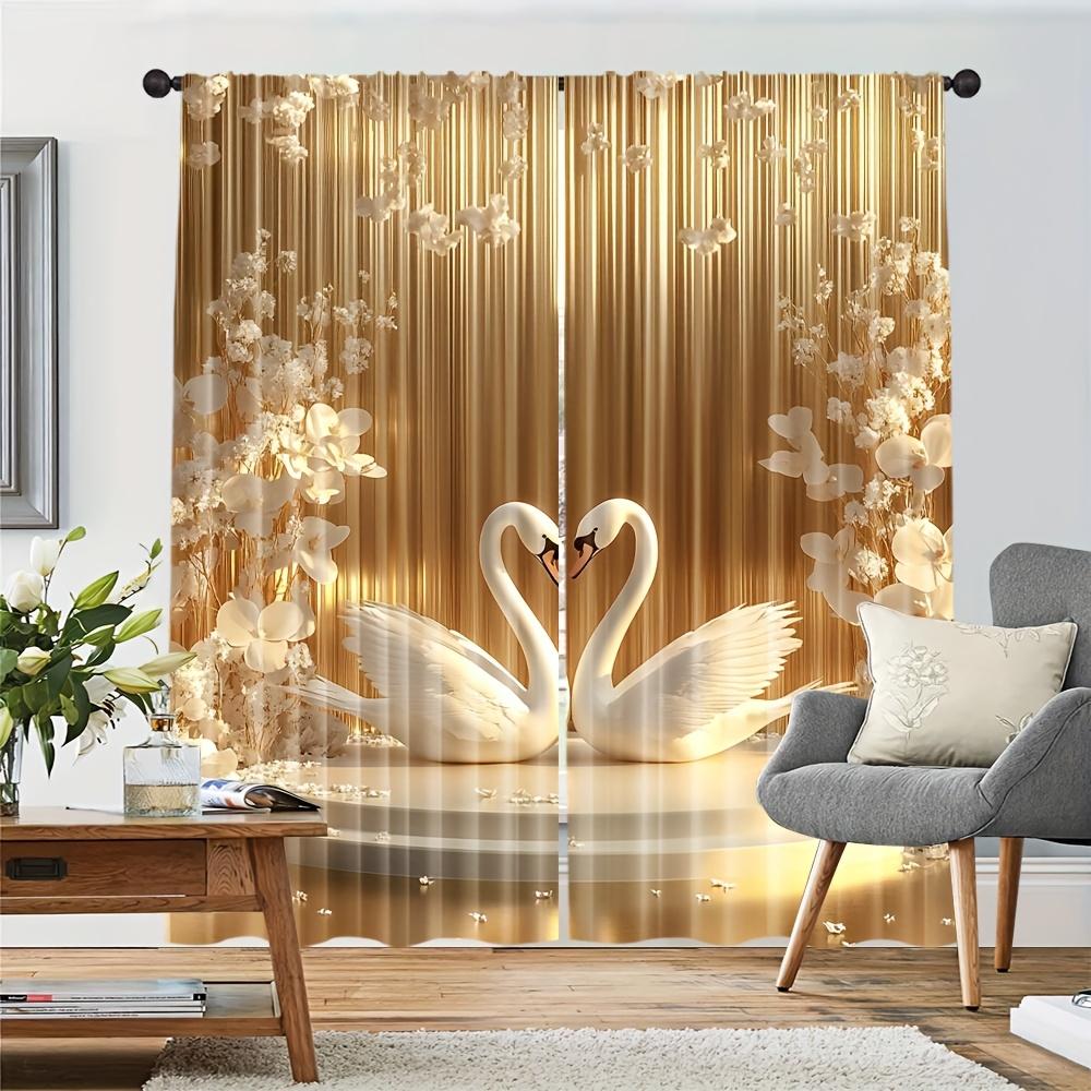 2 Pcs Art Renaissance Style Gold Floral & Swan Curtains – Polyester for Elegant Bedroom & Living Room Decor