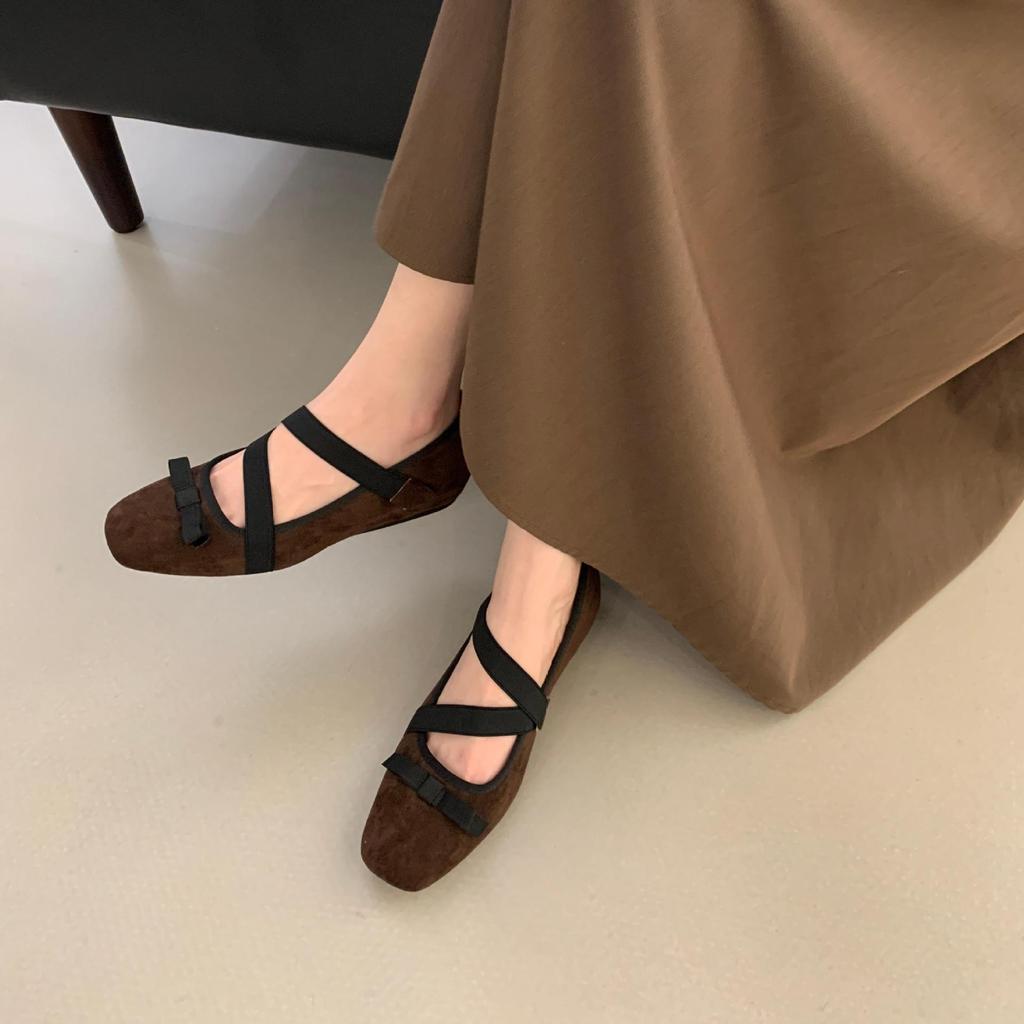 2025 spring and autumn new retro brown square head ballet shoes bow strap flat Mary Jane single shoes women