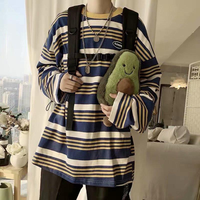 spring autumn oversized tshirt for men harajuku green stripes T Shirt men's Pullovers long sleeve y2k Tops tee hip hop streetwear