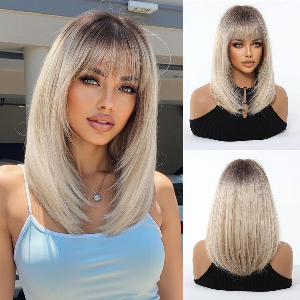 European and American Women's Golden Wig, Straight Bob Style, Medium Length Layered Synthetic Wig, Fashionable and Trendy Women's Wig