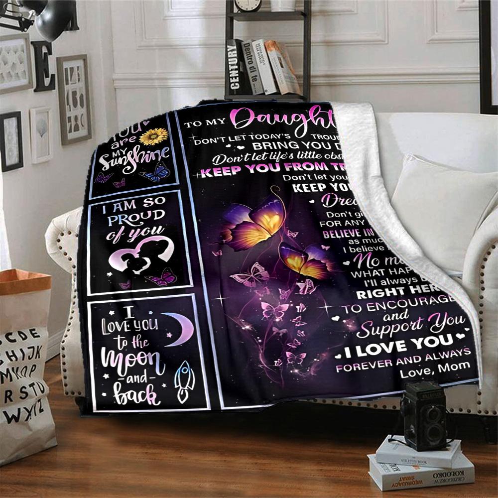 1pc Letter To Daughter Pattern Soft & Warm Polyester Knit Blanket, Digital Printed, All-Season Throw for Napping, Traveling, Sofa Yy250906032