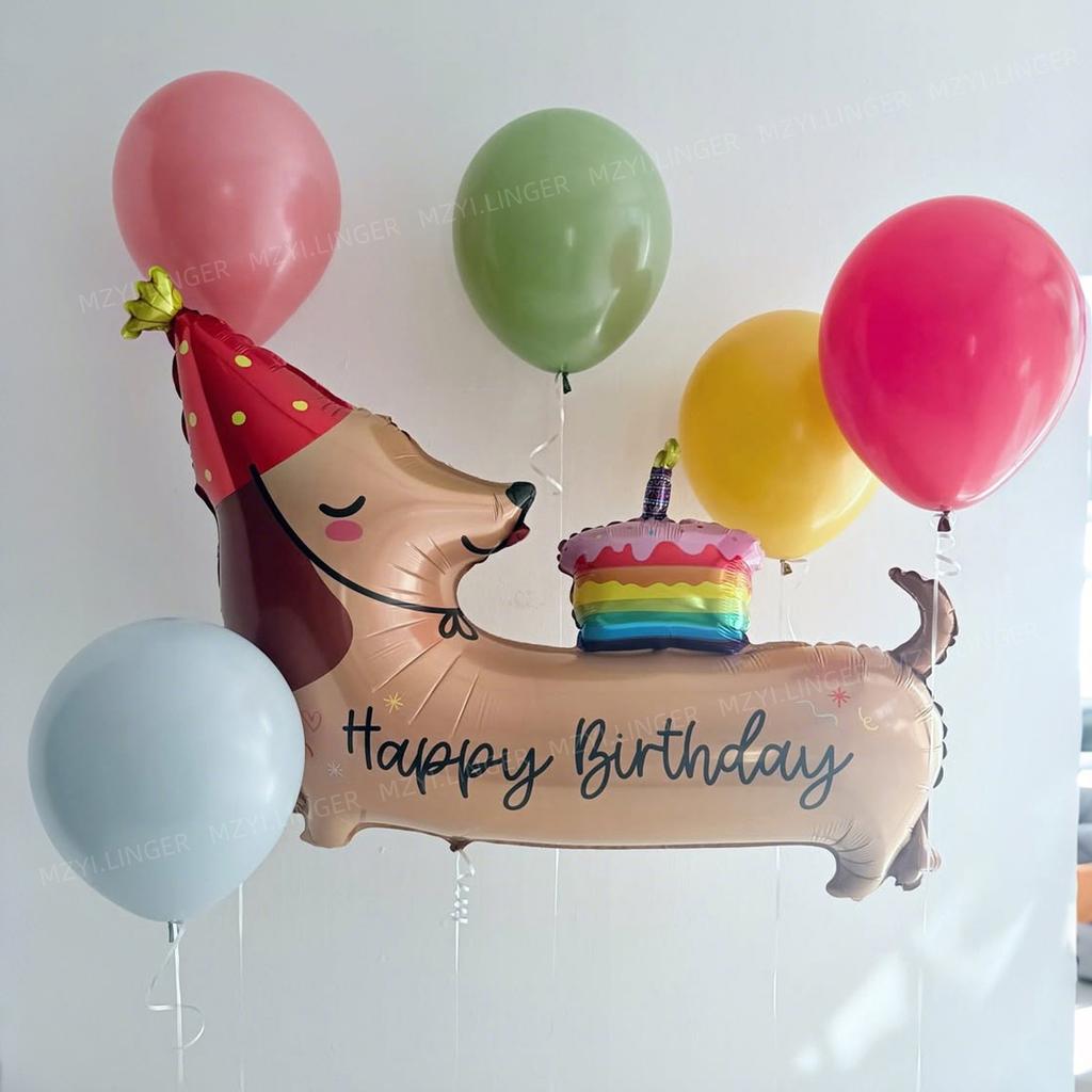 Cartoon style birthday dog balloon set with red bow balloons and pink heart balloons for birthday decoration and photo props