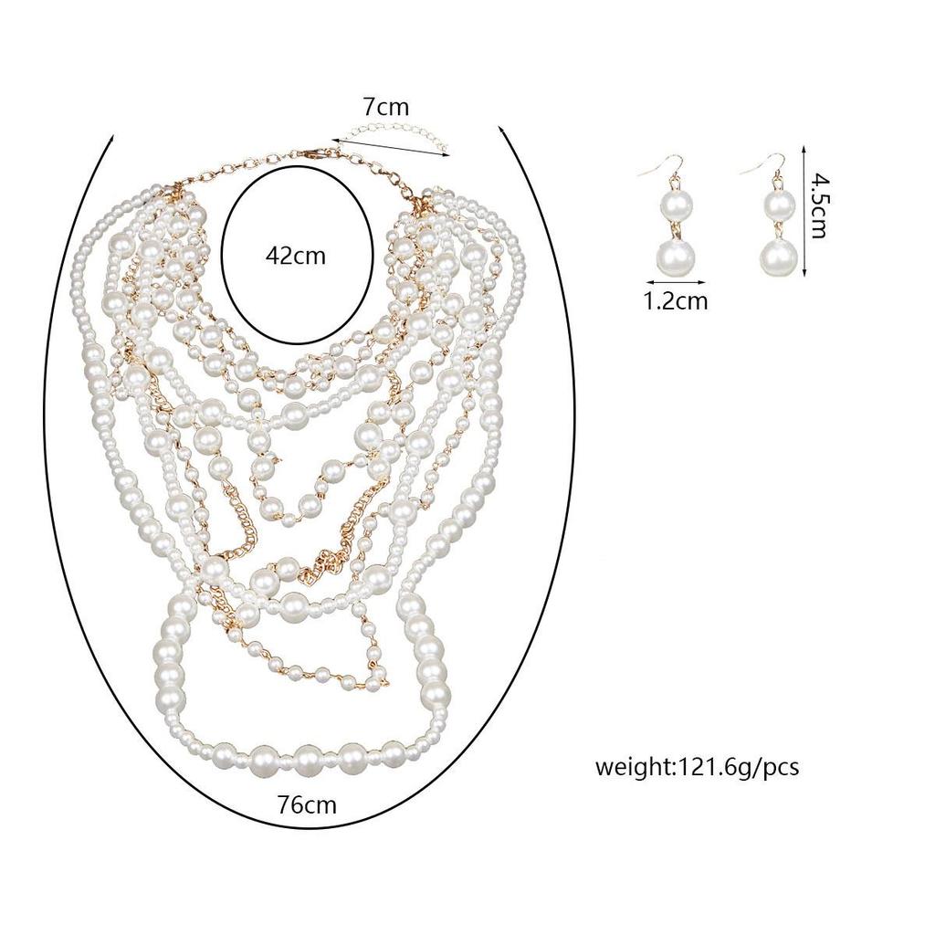 European-American Multi-layer Pearl Necklace & Earrings Set - Women's Long, Elegant Accessories
