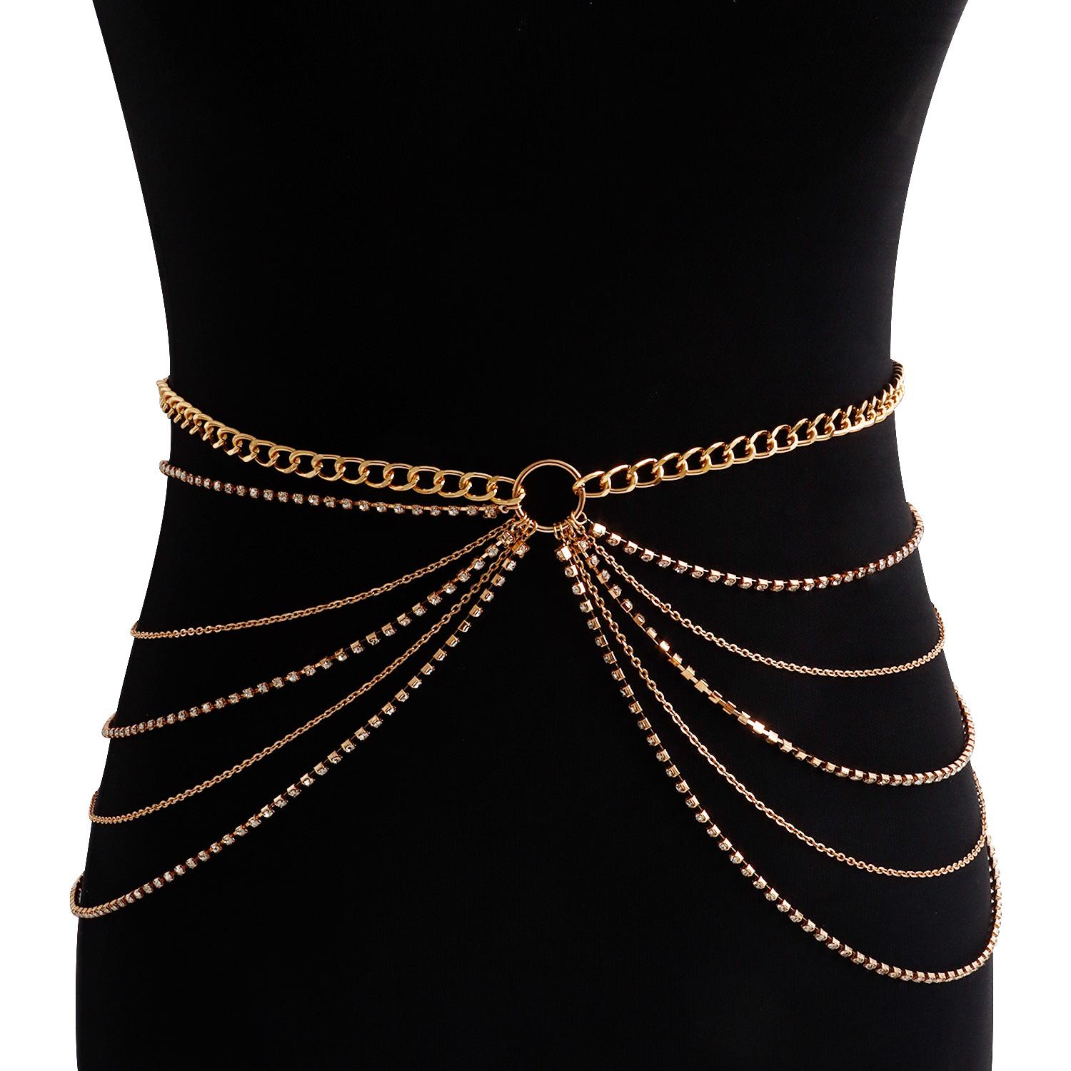 

European and American jewelry sexy geometric U-shaped body chain, exaggerated personality multi-layer rhinestone chain fringed waist chain for women золотой