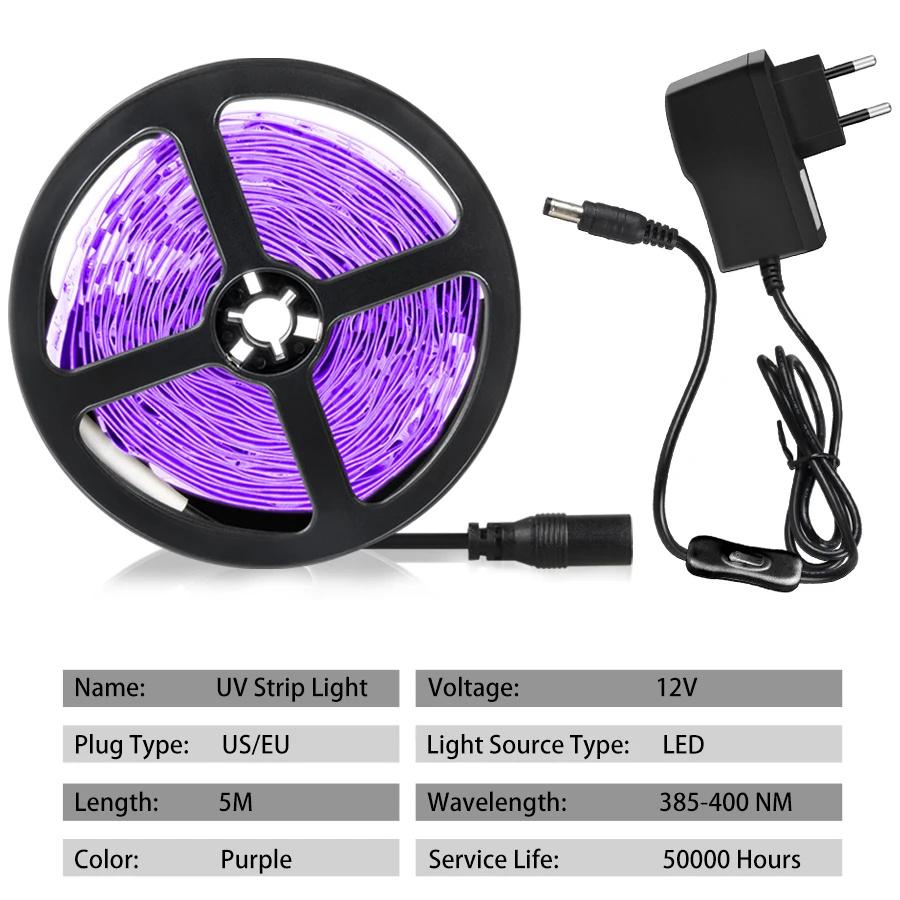 5M/10M UV LED Strip Light Ultraviolet Lamp 385-400nm Black Light 2835 SMD DC12V Ribbon For Glow Party Kitchen Decoration