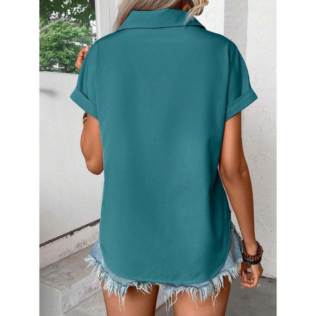 IHUASU Unifarben mit Schnalle Revers Schulter Falten Tasche Einsatz Schulter Kurzarm Top Zoll T-Shirt Frau