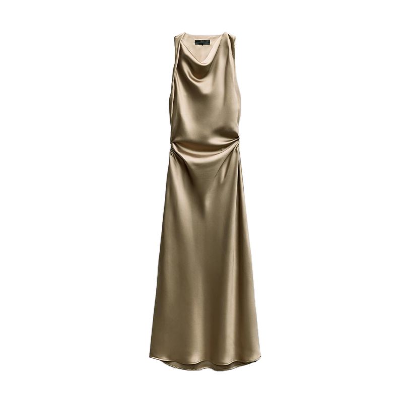 Spring New Elegant Sexy Pleated Long Formal Dress Silk Satin Texture Midi Skirt Dress 2124305