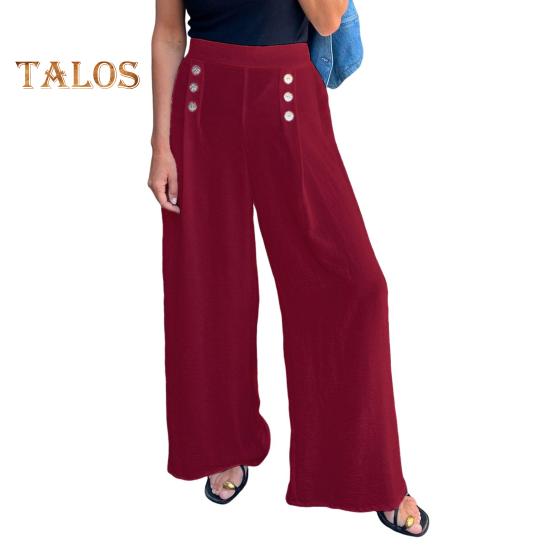 Women's Wide-Leg Pants High Waist Button Decorated Pants Casual Loose Fit Trousers for Daily Wear Travel Office