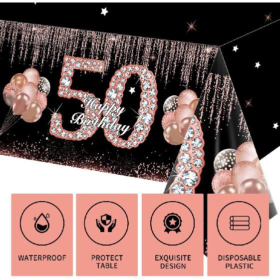 Eiurteao 3Pcs 50th Birthday Tablecloth Decorations for Women, Rose Gold Happy 50 Birthday Theme Table Cover Party Supplies, Black Rose Gold Fifty