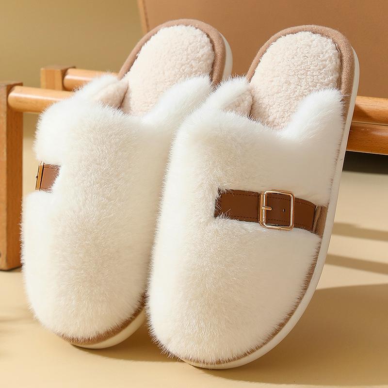 Simple solid color cotton slippers women's autumn and winter home use warm and non-slip couple's premium plush slippers men's