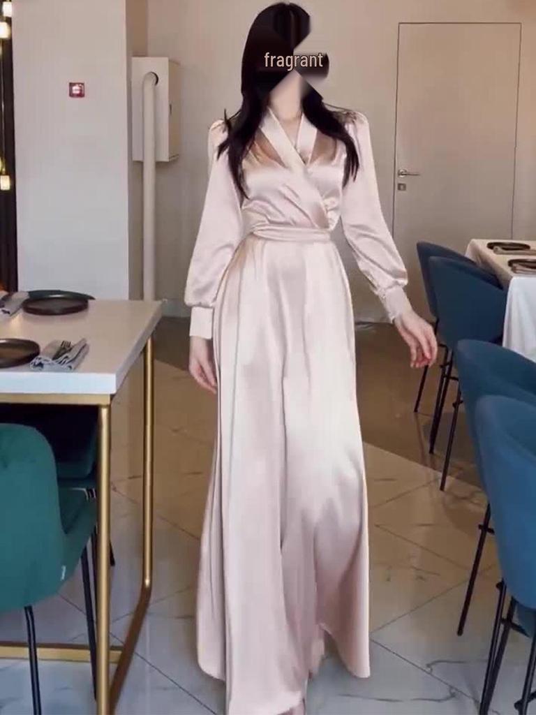 European Spring 2024 V-Neck Lace-Up Long Sleeve Dress with Waist-Cinch