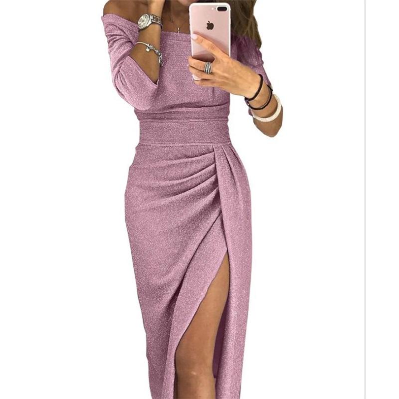 

Женское платье с разрезом на бедре, однотонное, на одно плечо, облегающее талию, блестящее элегантное платье-юбка, вечернее платье S розовый