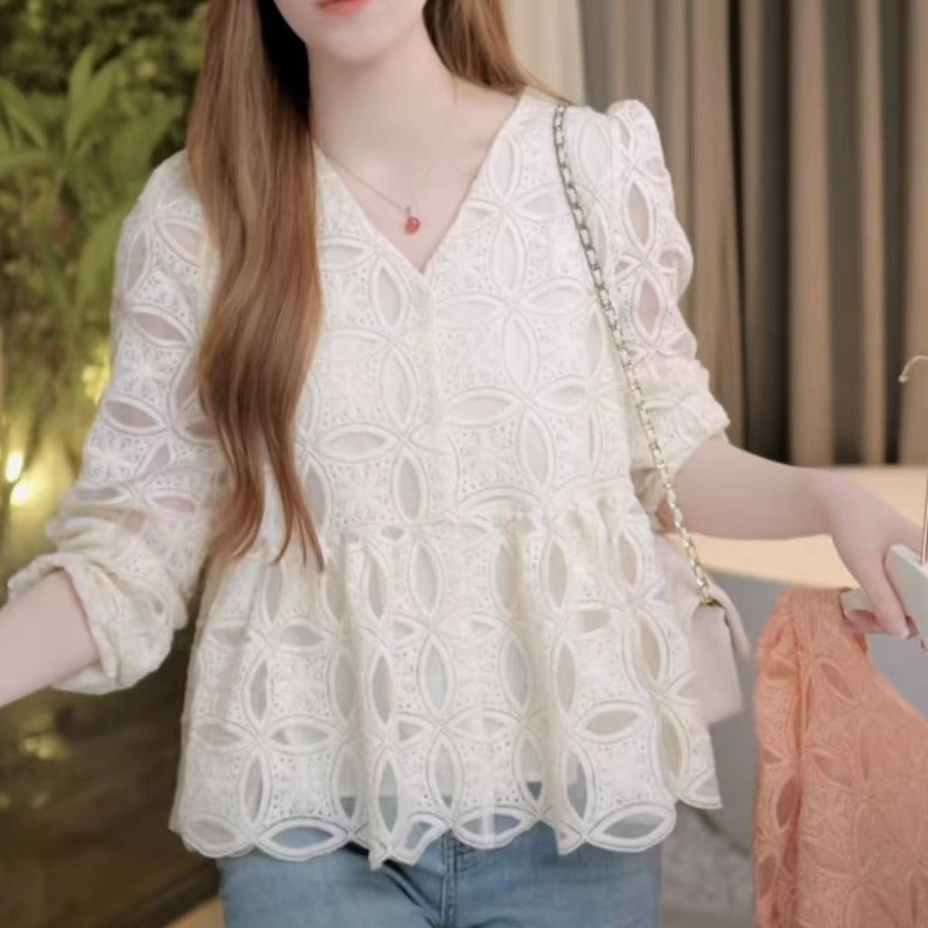 Chemisier en dentelle brodée française pour femme, automne, amincissant, tendance, manches longues