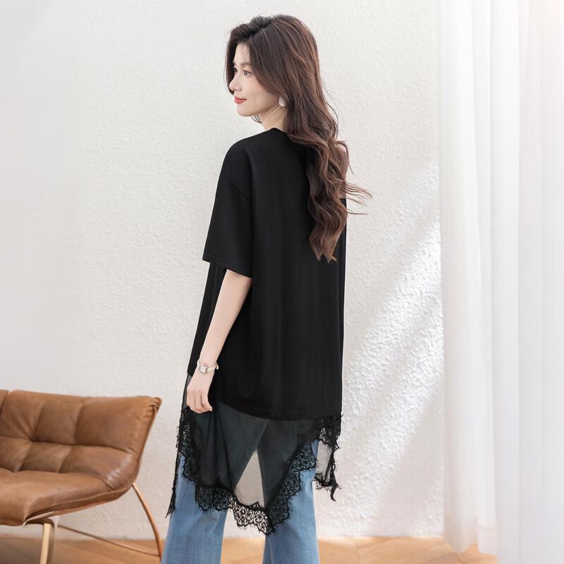 Women's Asymmetric Lace Patchwork Loose Short-Sleeve T-Shirt