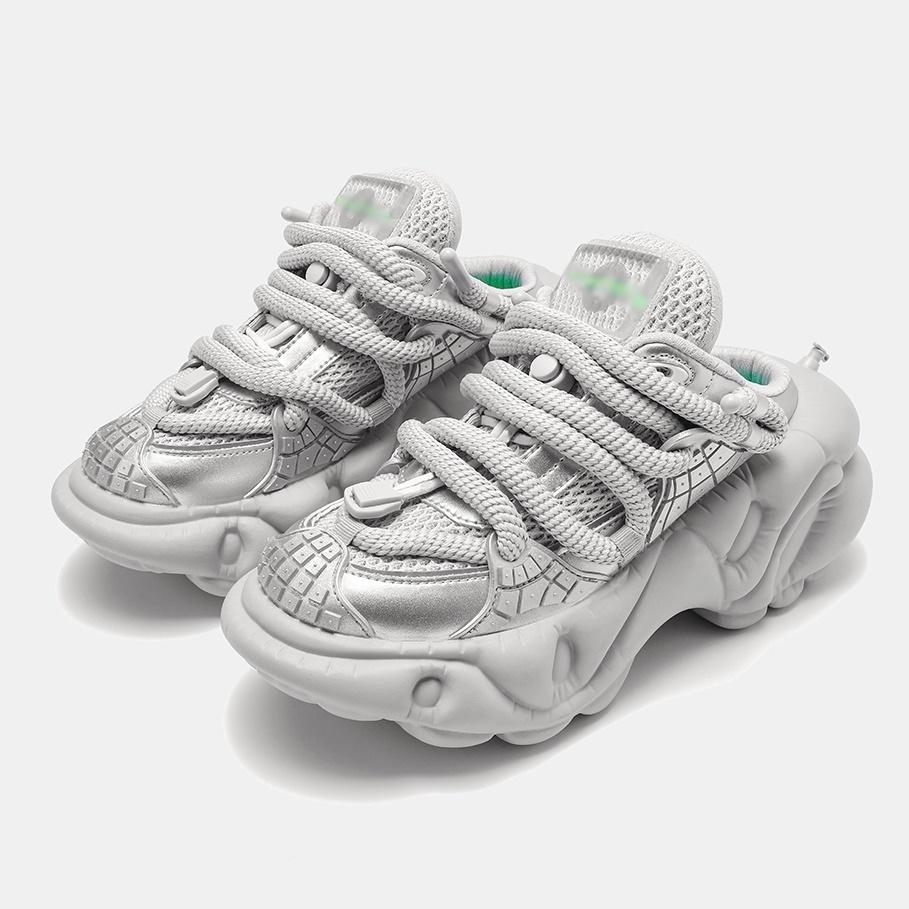 

Fashion Super Soft Thick Sole Women/men Sport Shoes Lace Up Breathable Mesh Sneaker Casual Slippers Black/silver Platform Shoes women size 35