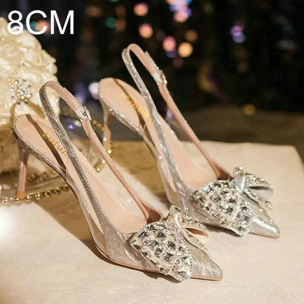 Fashion 2025 New Crystal Wedding Shoes Thin Heel Pointy Baotou Autumn Bride Shoes Fashion Rhine-Diamond Bridesmaid High Heel Sandals