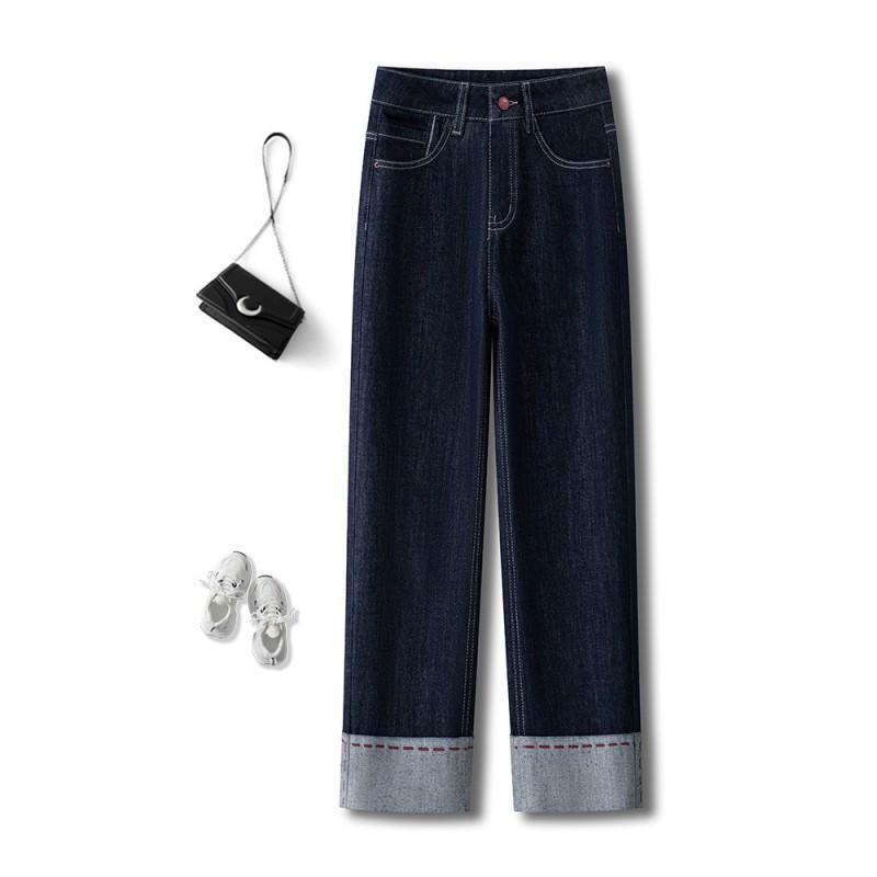 

Dark Blue Straight Jeans Women In High Waist Small Figure Slimming Elastic Nine-quarter Turn-up Wide-leg Pants XL