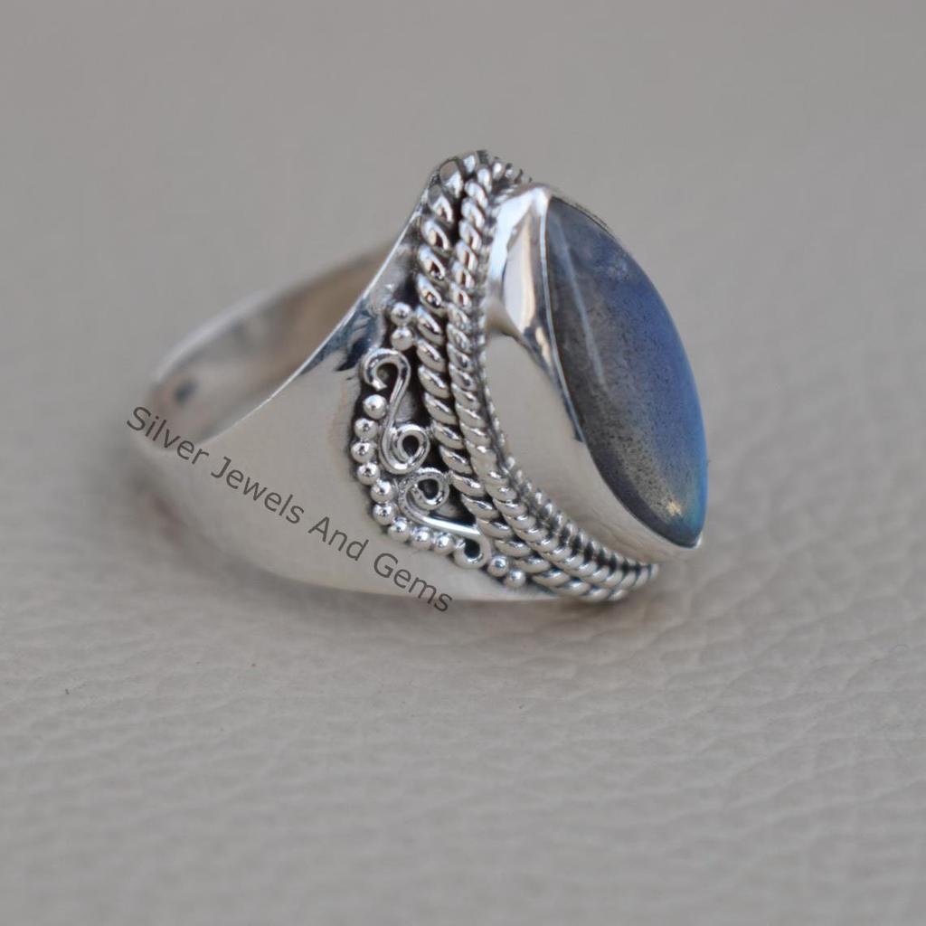 Marquise Labradorite Ring: Handmade 925 Sterling Silver Boho Ring