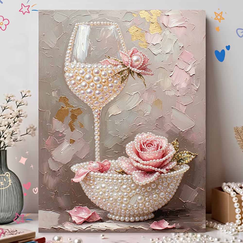 Frameless Pearl Painting Kit Rose Wine Glass Pattern DIY 3D Bead Art Canvas Relaxing Handmade Craft for Adults Home Decor