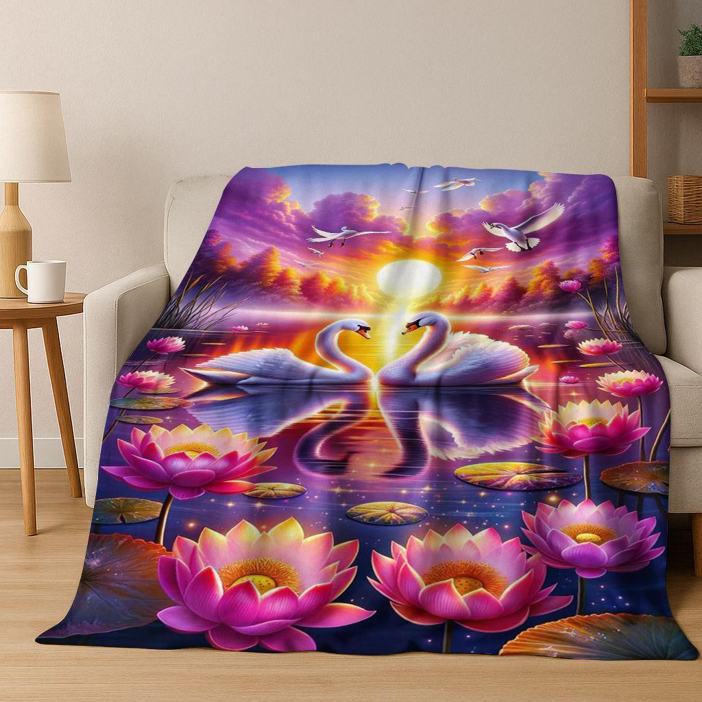Dream Love Swan Art Cartoon Flannel Blanket,Cozy Soft Throw Blanket for Home Bedroom Bed Sofa Picnic Office Cover Gift Kids