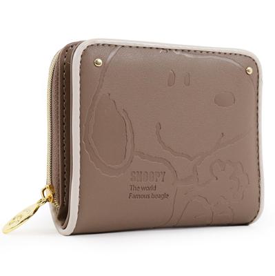 Snoopy Bifold Wallet with Round Cute Character Accordion Embossed PEANUTS Women's Zipper, (Gray)