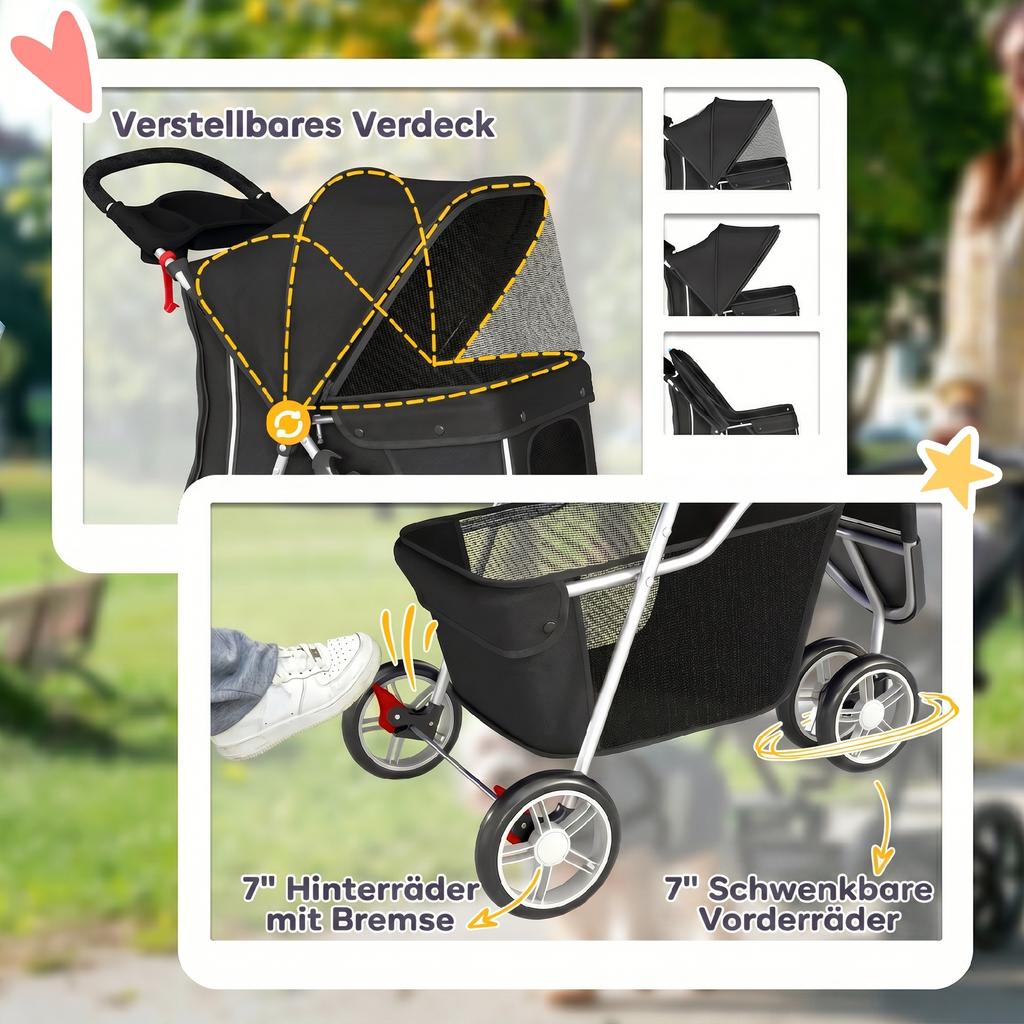 3 Wheel Pet Stroller for Small and Miniature Dogs, Black