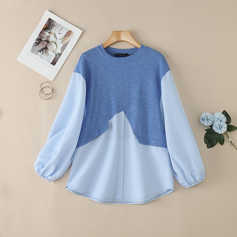 ZANZEA Women Casual Round Neck Long Sleeve Loose Patchwork Blouse