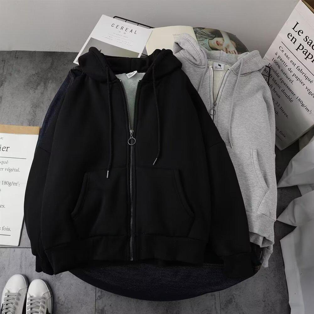Herren Koreanischer Stil Dicke Kapuzenjacke: Lockere Passform, Mit Samt gefüttert, Reißverschluss-Kapuzenpullover für Herbst/Winter.