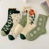 Women Socks Korean Japanese Style Cartoon Green Flower Harajuku Cute Kawaii Mid Tube Socks Breathable Casual Short  Cotton Socks