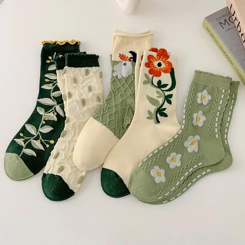 Women Socks Korean Japanese Style Cartoon Green Flower Harajuku Cute Kawaii Mid Tube Socks Breathable Casual Short  Cotton Socks