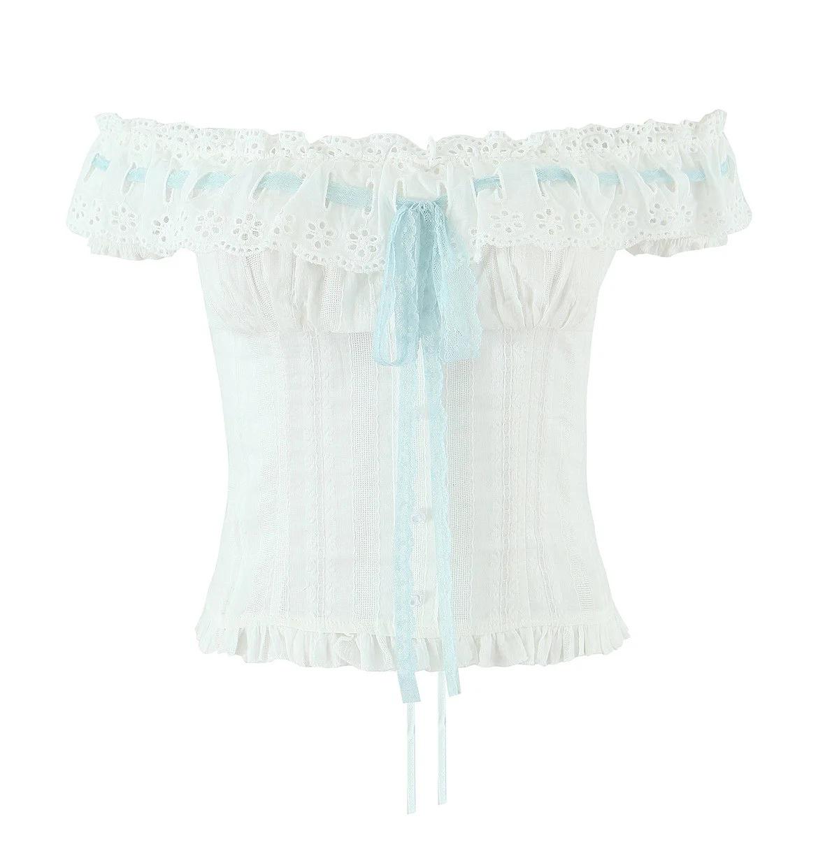 

Lace Trim One-Shoulder Camisole - Color Block Slimming Button-Down for Women Medium белый