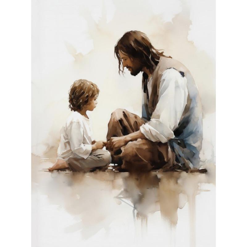 Jesus og Barn Kristus med Gutt Jesus Portrett Kristus Barnehage Akvareller Plakat Lerret Maleri Veggbilder Hjemmeinnredning