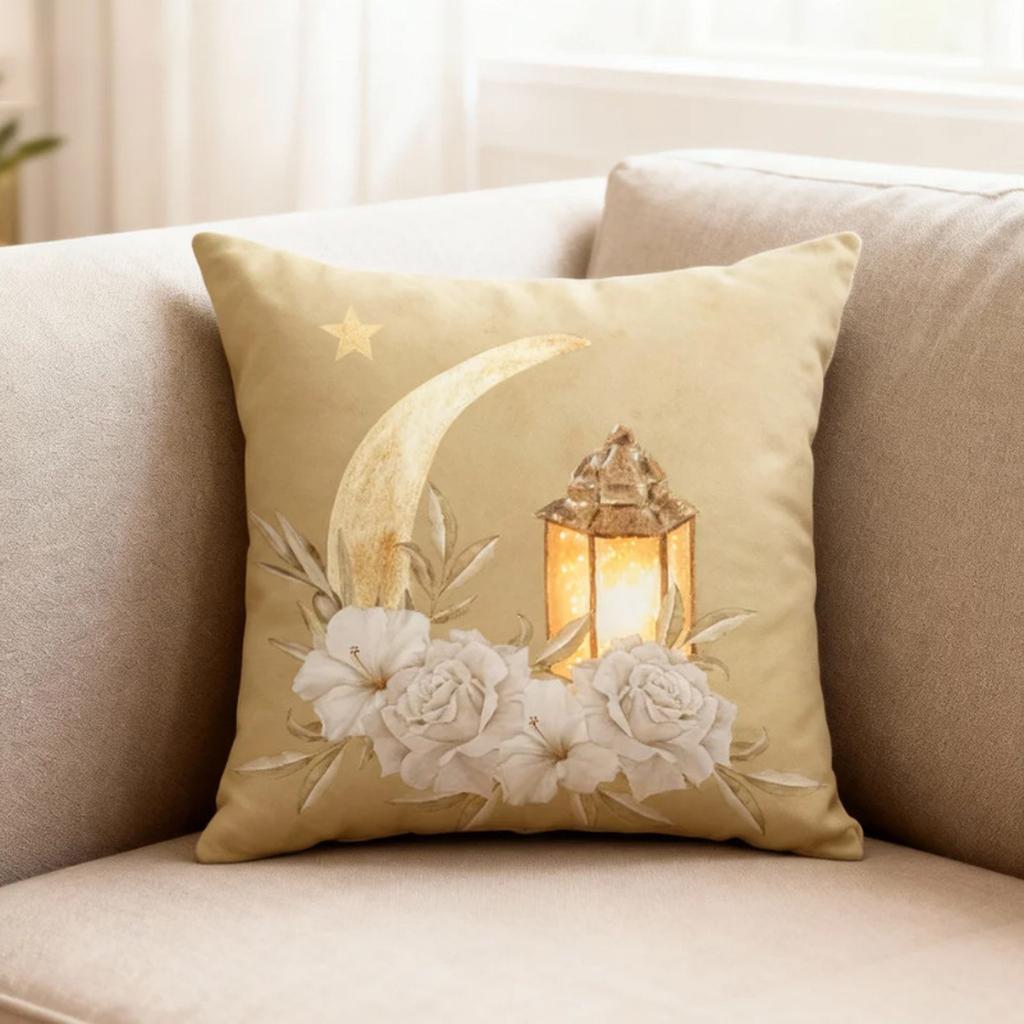 Ramadan Oil Lamp Printed Moon Pillowcase Festive Decoration Home Cushion Linen Breathable Sofa Cushion