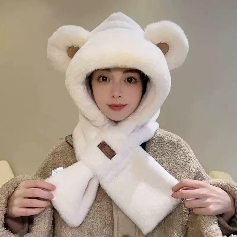 Winter Women's Warm Ear Protection Plush Hat New Plush Thickened Neck Protection Cute Knitted Wool Hat Scarf Integrated